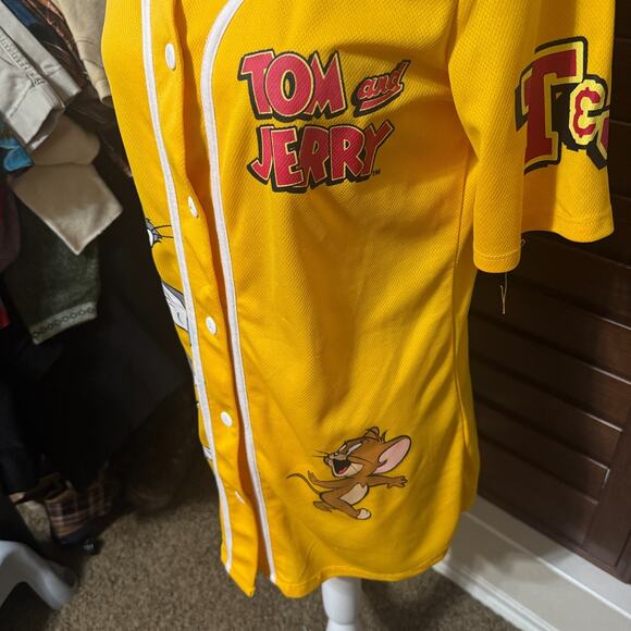 Retro Tom & Jerry Cartoon Baseball Jersey Shirt Bright Yellow Orange AOP sz L - Picture 3 of 7